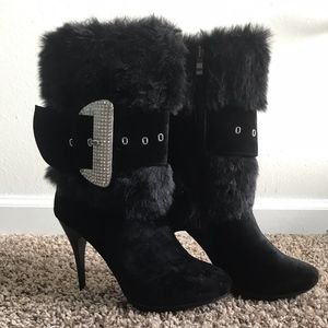 Black Faux Fur Studded Buckle Boots